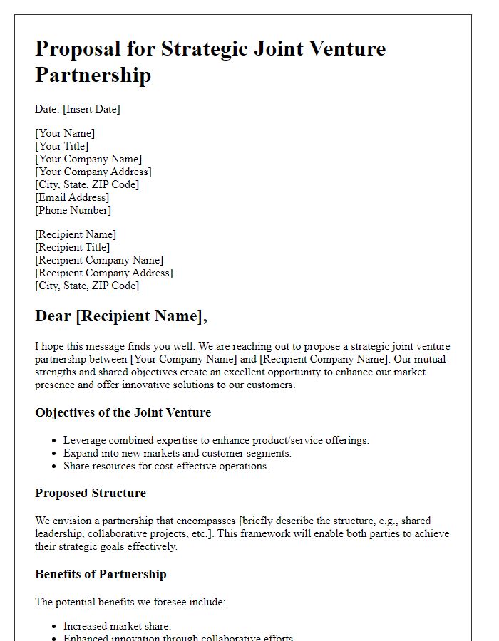 Letter template of proposal for strategic joint venture partnership.