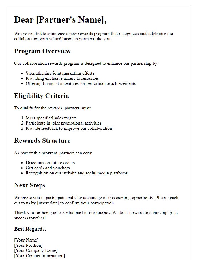 Letter template of business partner collaboration rewards announcement