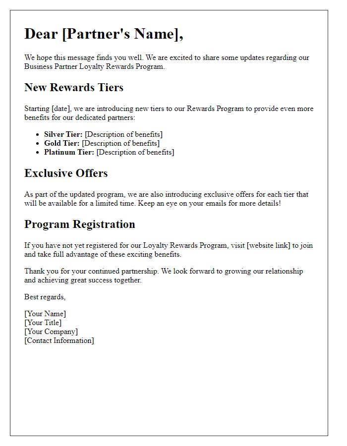 Letter template of business partner loyalty rewards update