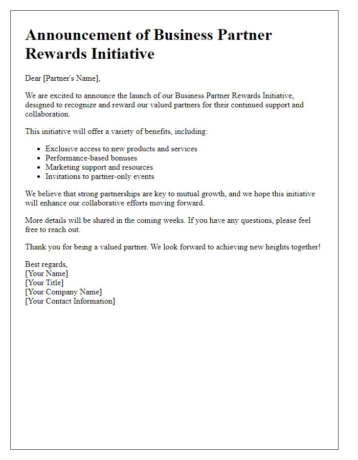 Letter template of business partner rewards initiative announcement