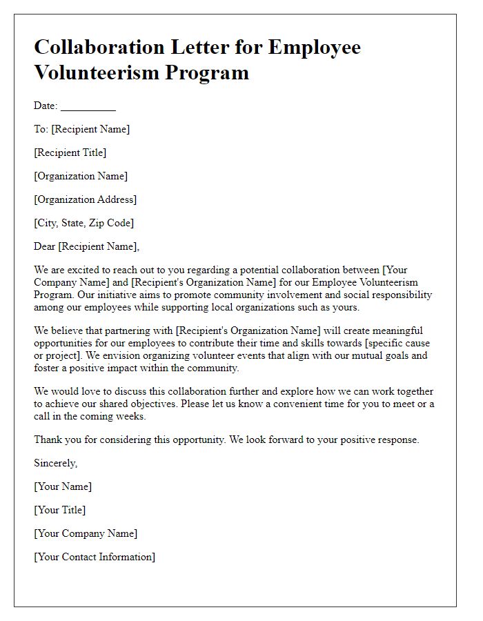 Letter template of collaboration for employee volunteerism program