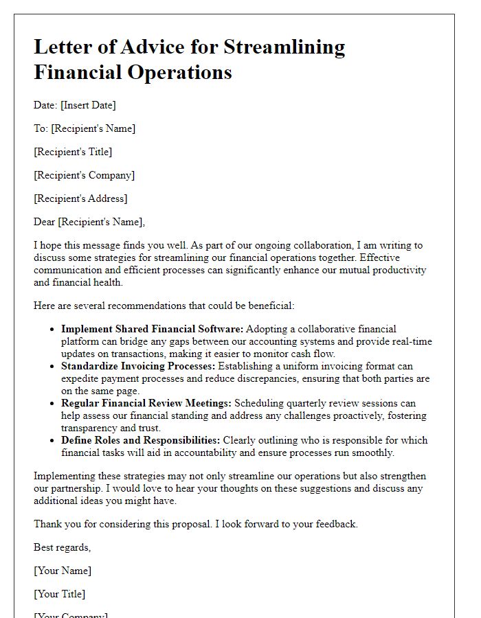 Letter template of advice for streamlining financial operations with partners