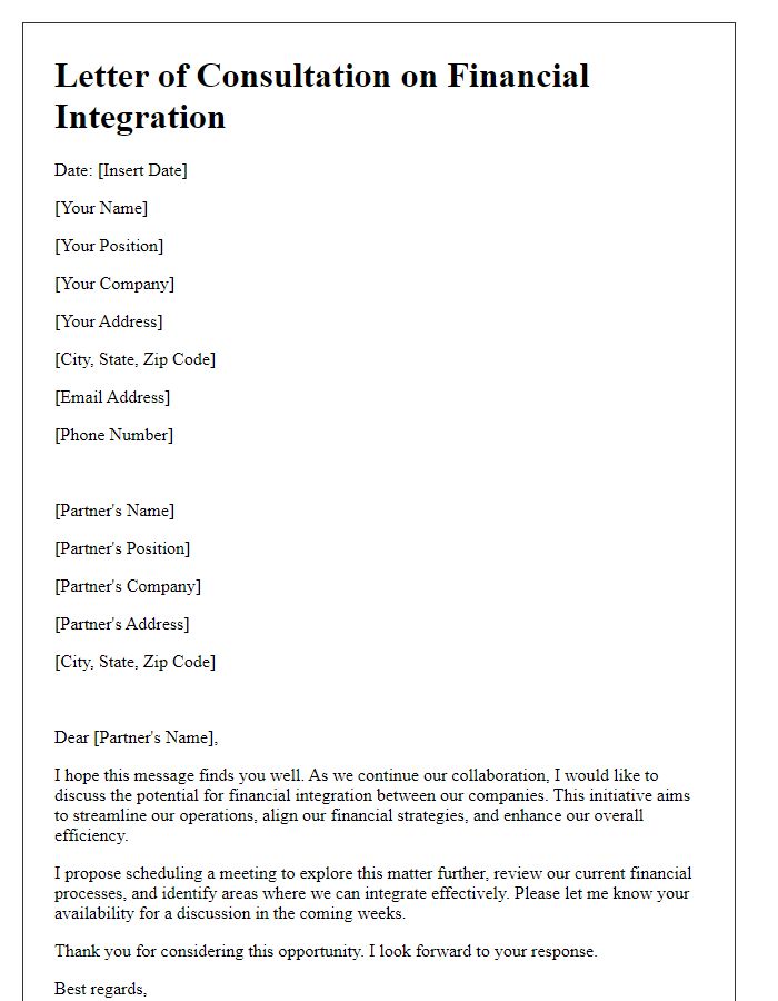 Letter template of business partner consultation on financial integration