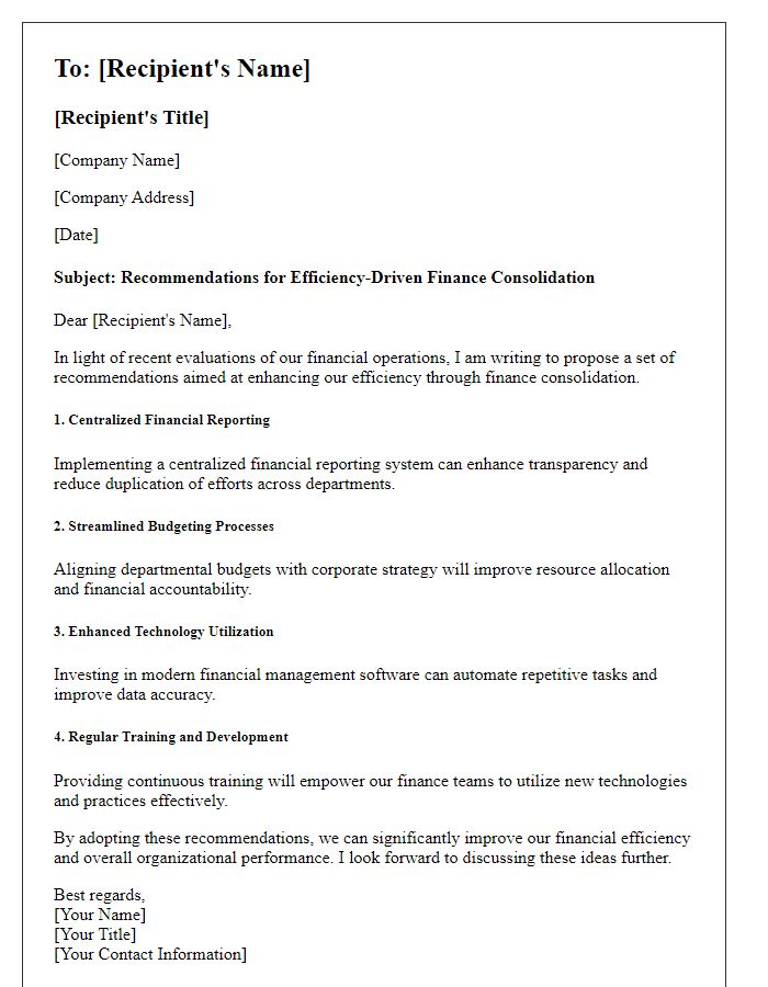 Letter template of efficiency-driven finance consolidation recommendations