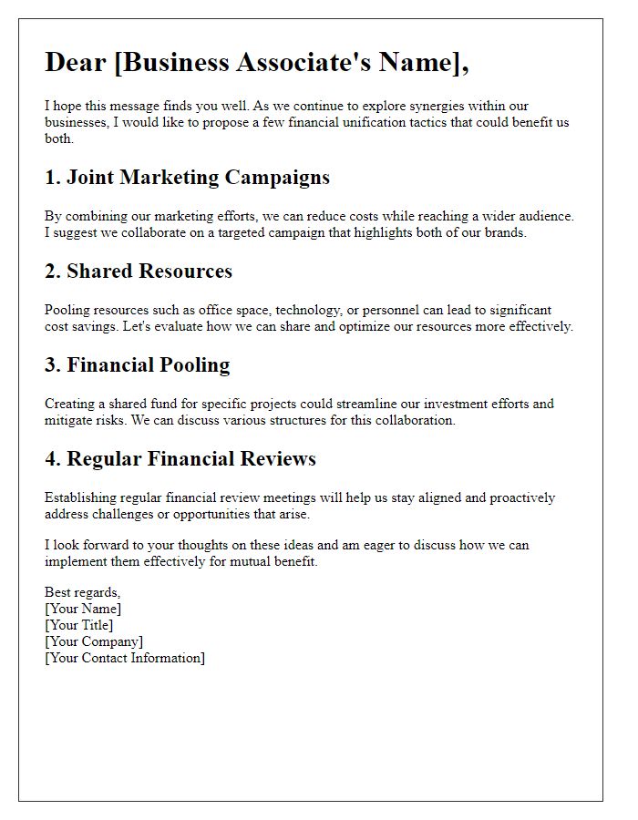 Letter template of financial unification tactics for business associates