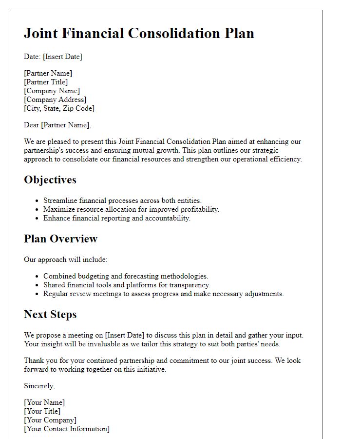 Letter template of joint financial consolidation plan for partnership success