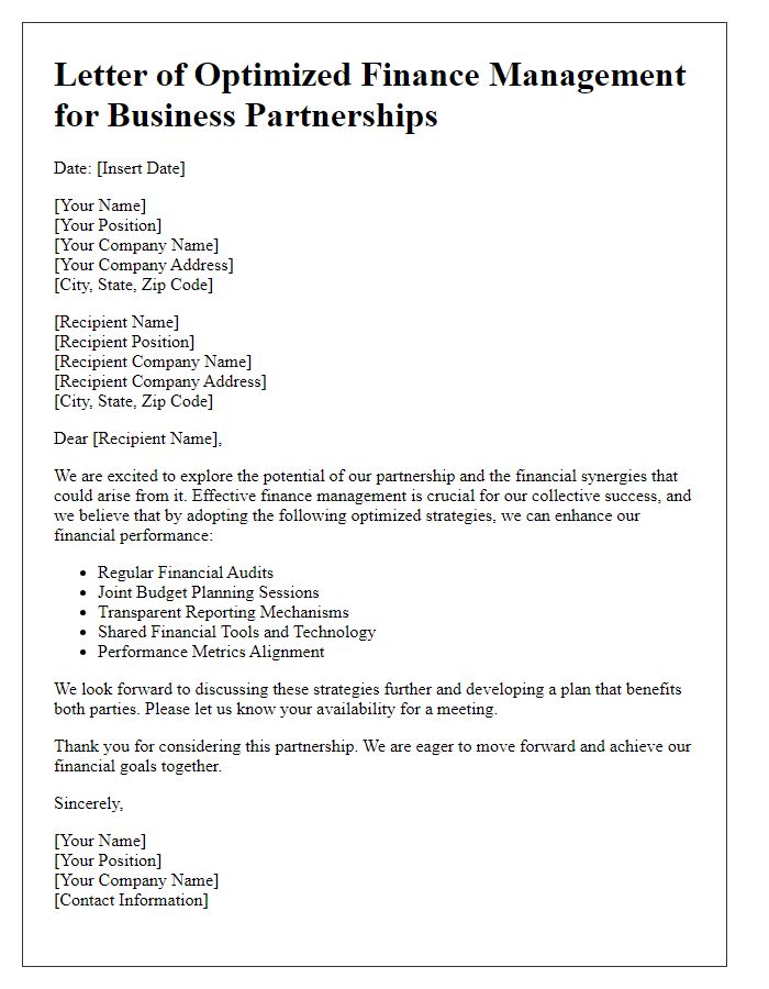 Letter template of optimized finance management for business partnerships