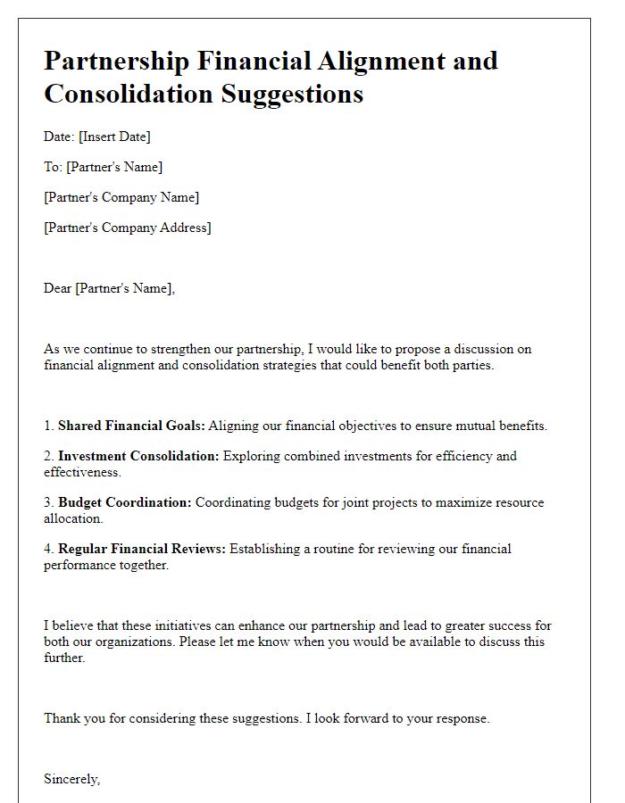 Letter template of partnership financial alignment and consolidation suggestions