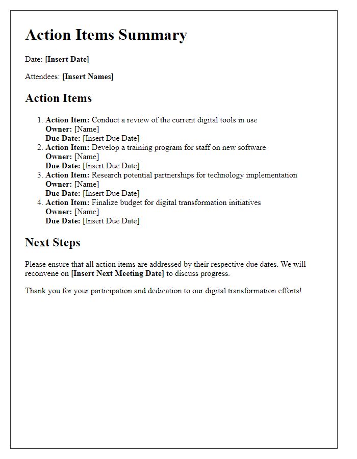 Letter template of action items from recent digital transformation meetings