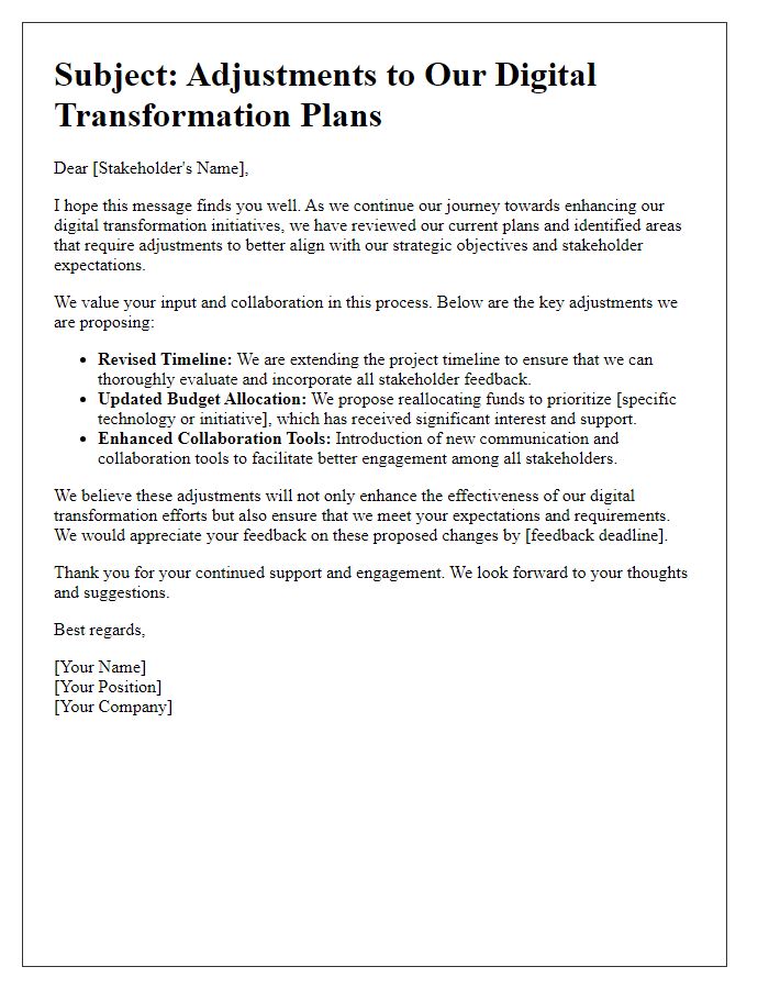 Letter template of adjustments to digital transformation plans with stakeholders