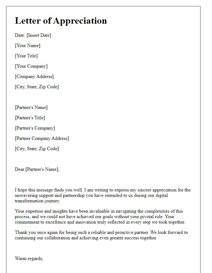 Letter template of appreciation for business partner's support in digital transformation