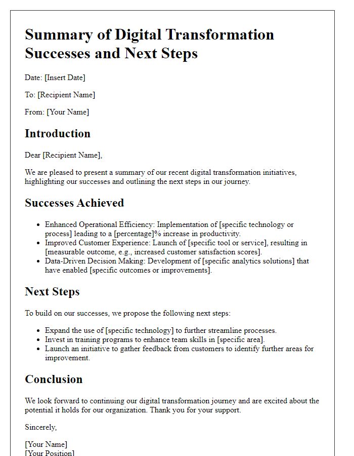 Letter template of summary of digital transformation successes and next steps