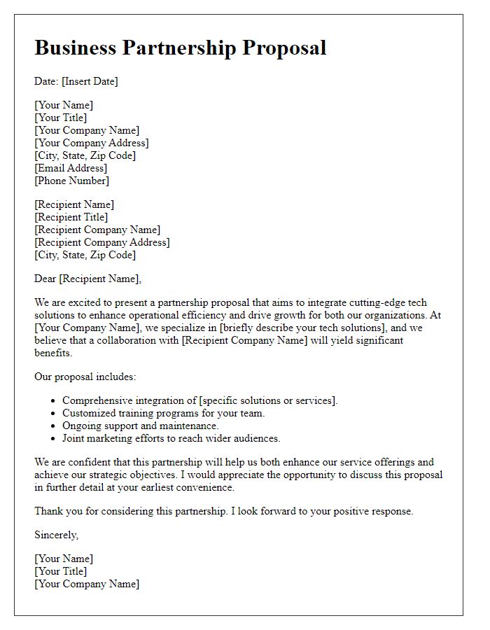 Letter template of business partnership proposal for tech solution integration