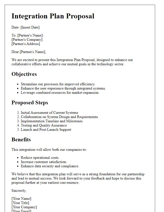 Letter template of integration plan proposal for partners in tech