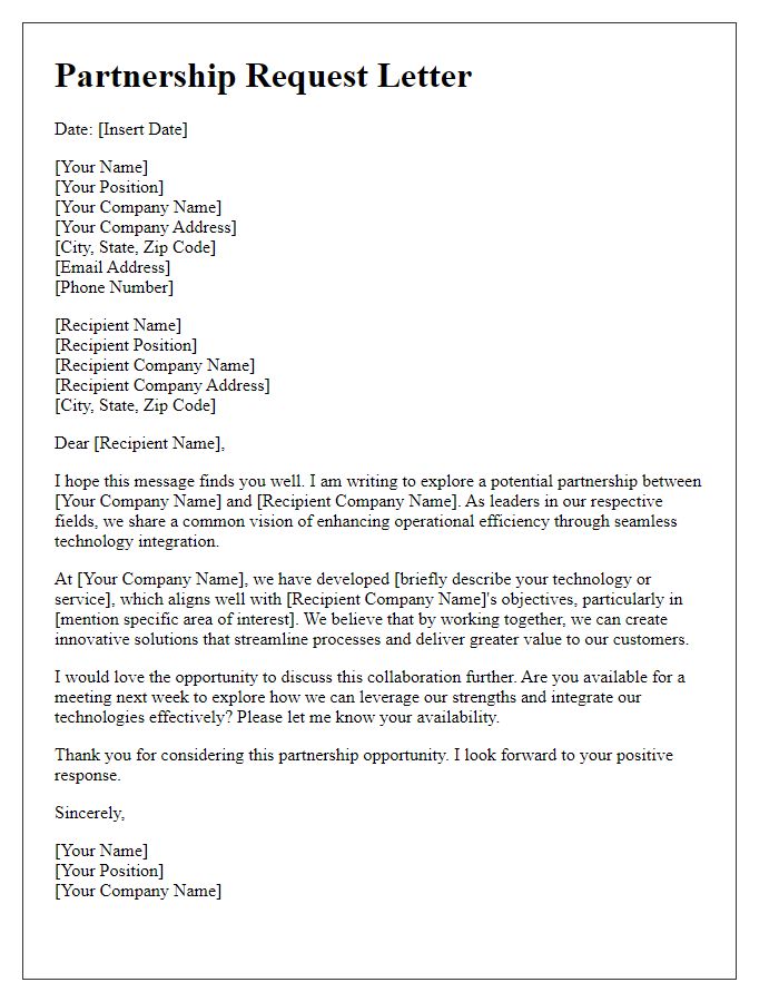 Letter template of partnership request for seamless technology integration