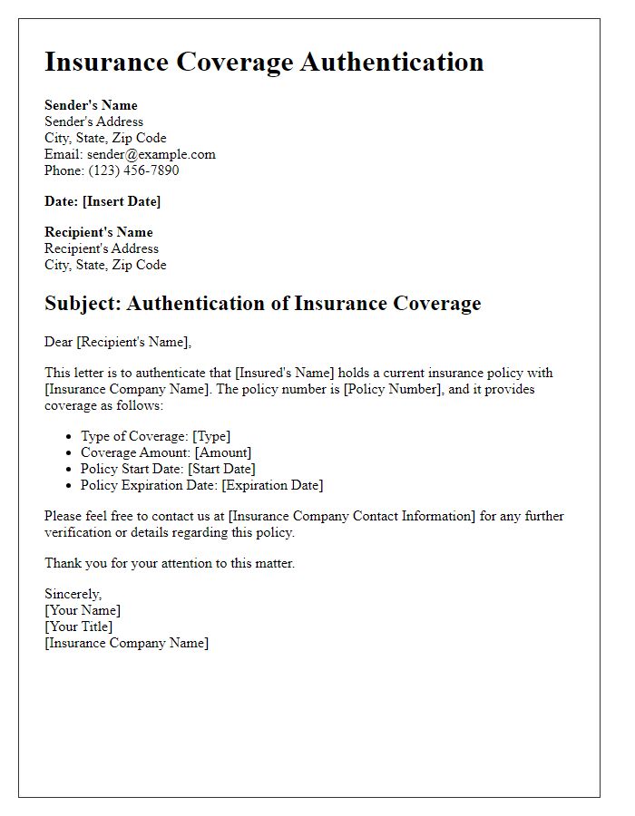 Letter template of insurance coverage authentication