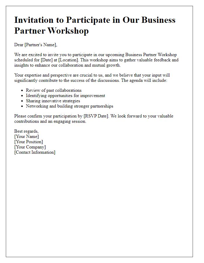 Letter template of business partner workshop participation invitation for feedback and insights sharing.