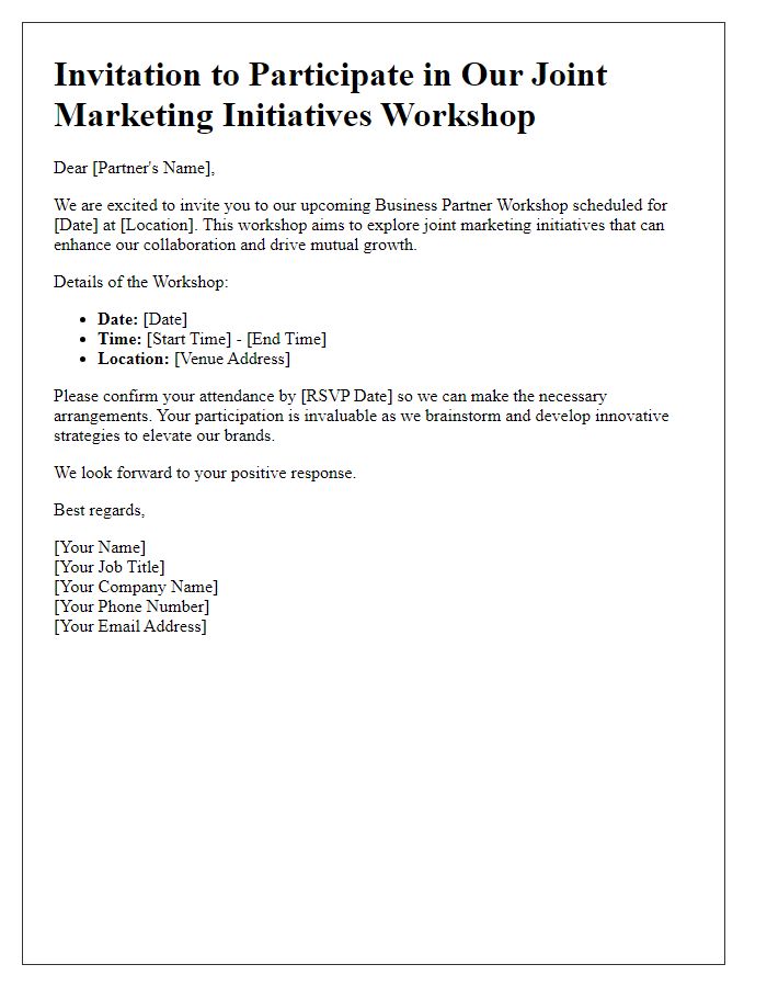 Letter template of business partner workshop participation invitation for joint marketing initiatives.