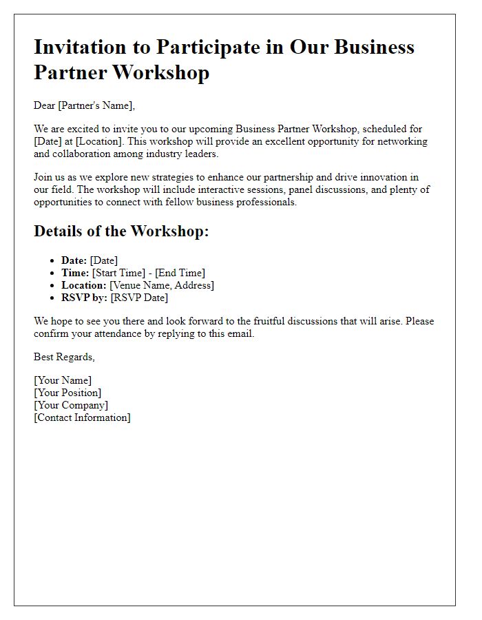 Letter template of business partner workshop participation invitation for networking opportunities.