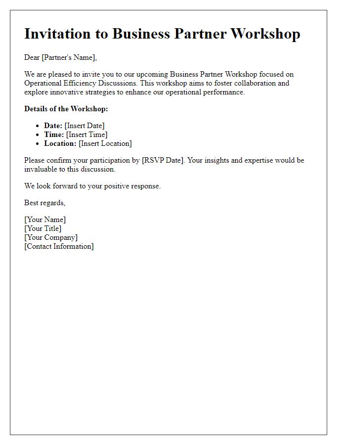 Letter template of business partner workshop participation invitation for operational efficiency discussions.