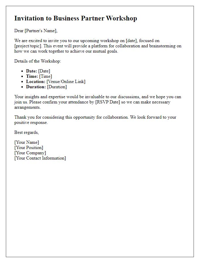 Letter template of business partner workshop participation invitation for project collaboration.