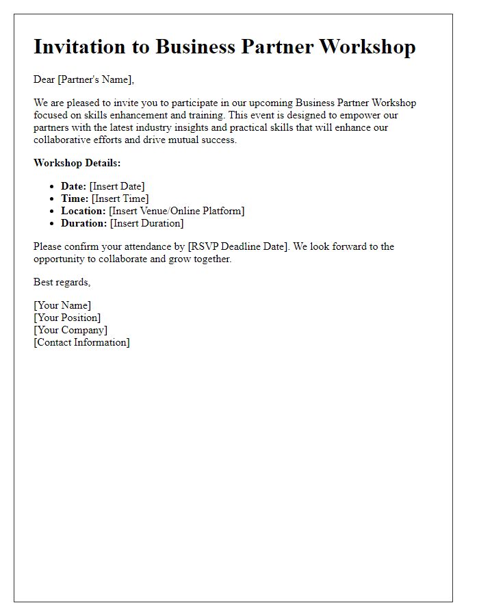 Letter template of business partner workshop participation invitation for skills enhancement and training.