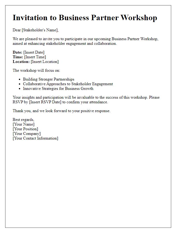 Letter template of business partner workshop participation invitation for stakeholder engagement.