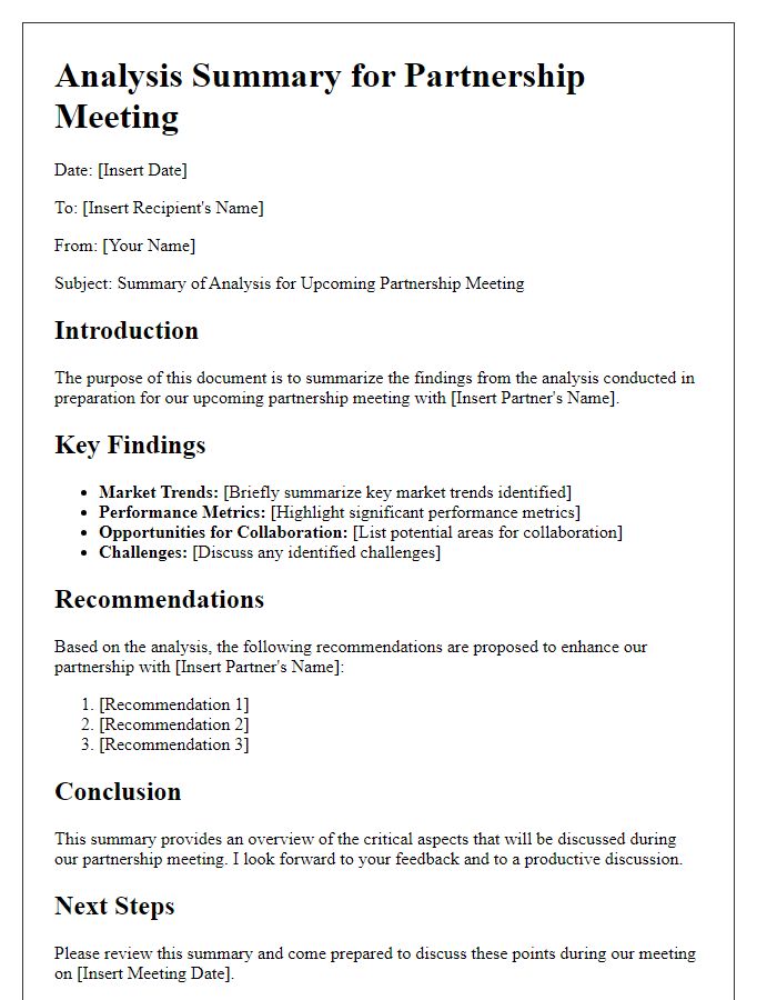 Letter template of analysis summary for partnership meeting