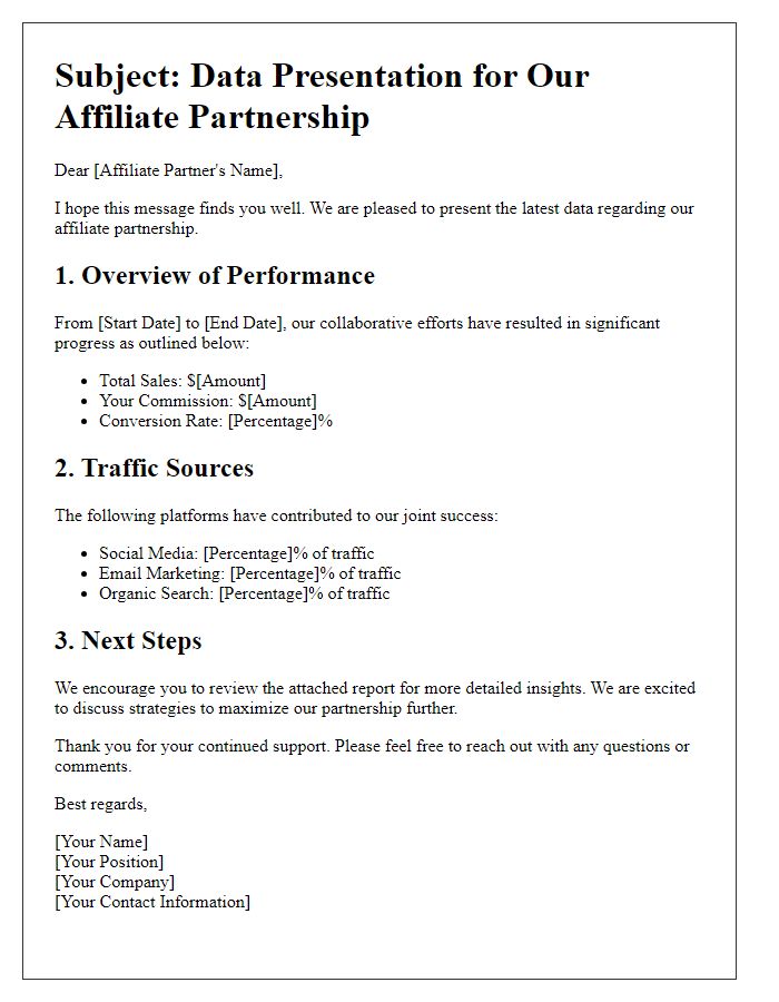 Letter template of data presentation for affiliate partners