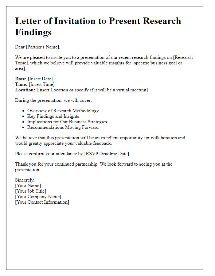 Letter template of research findings presentation for business partners