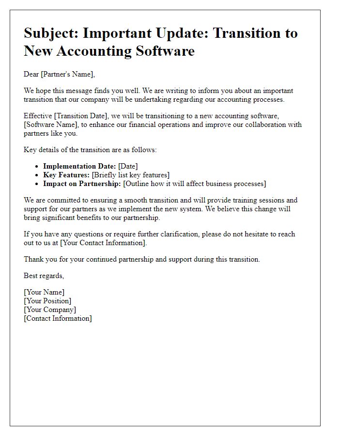 Letter template of business partner communication for accounting software transition