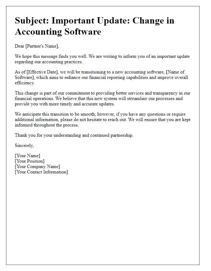 Letter template of changes in accounting software for partner awareness