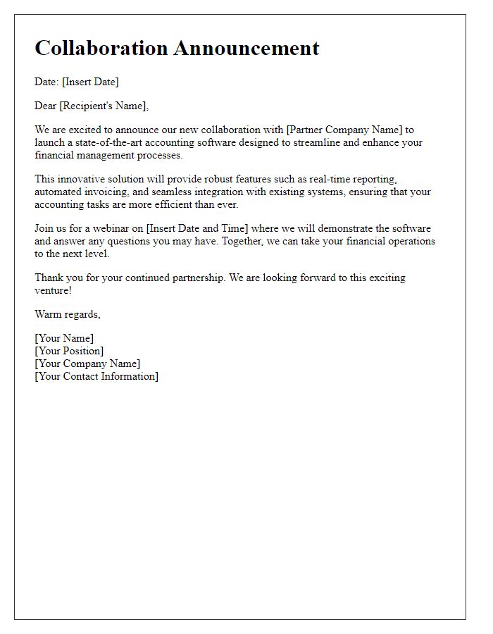 Letter template of collaboration announcement for new accounting software