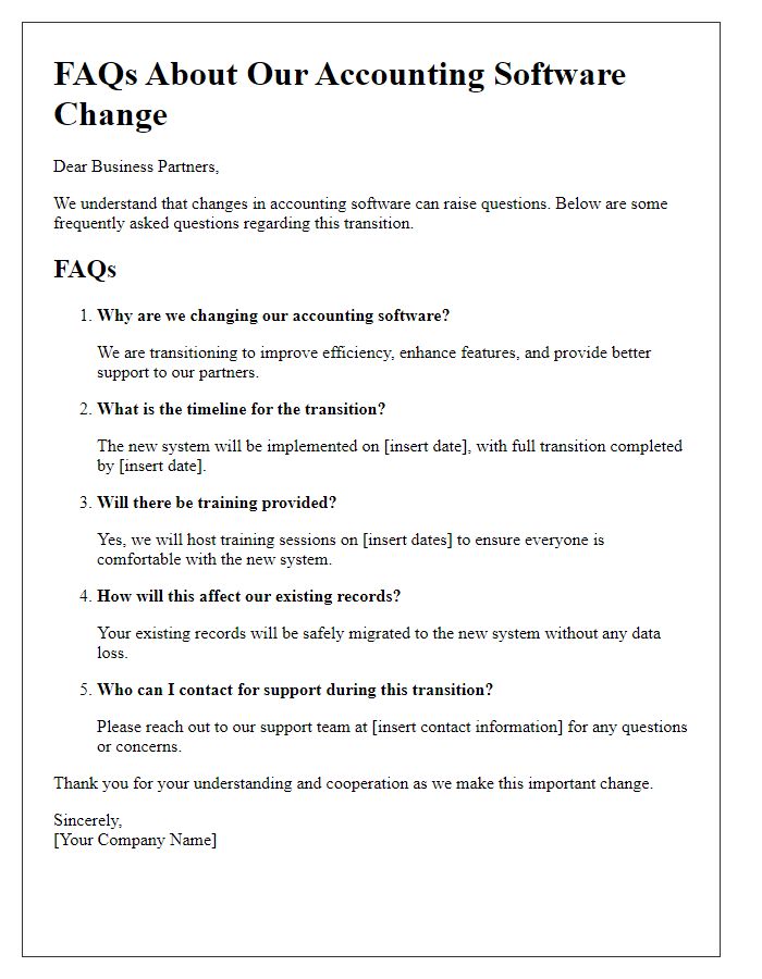 Letter template of FAQs regarding accounting software change for business partners