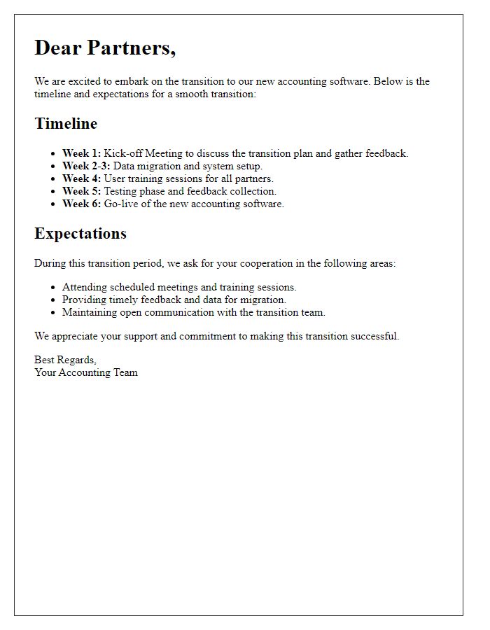 Letter template of timeline and expectations for accounting software transition with partners