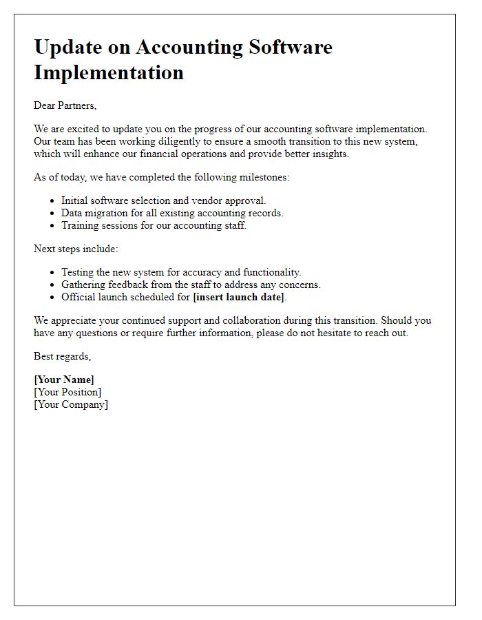 Letter template of update on accounting software implementation for partners