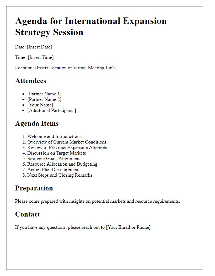 Letter template of agenda for international expansion strategy session with business partner