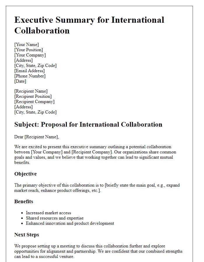 Letter template of executive summary for potential international collaboration with business partner