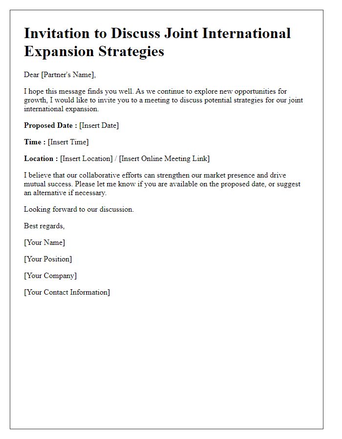 Letter template of invitation to discuss joint international expansion strategies with business partner