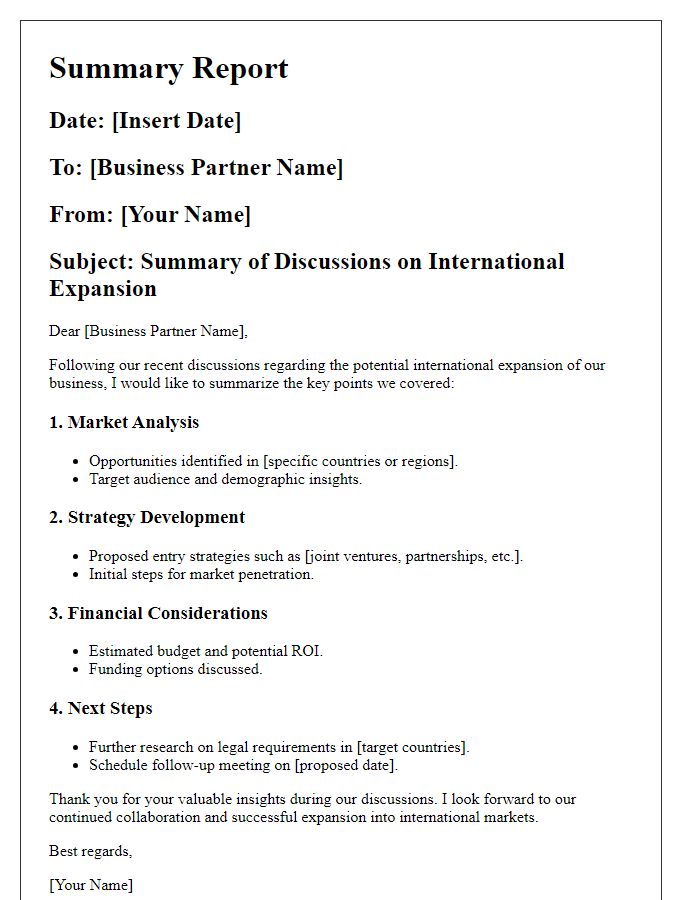 Letter template of summary report on previous discussions about international expansion with business partner