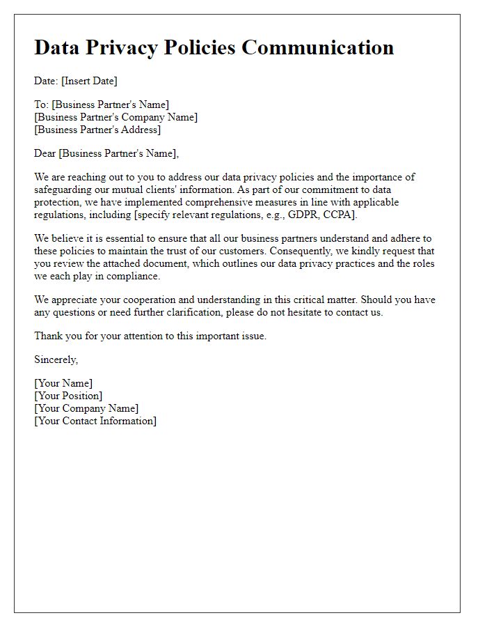 Letter template of addressing data privacy policies for business partners