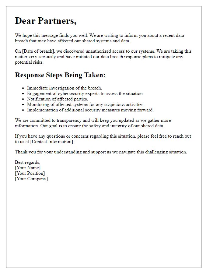 Letter template of informing partners about data breach response plans