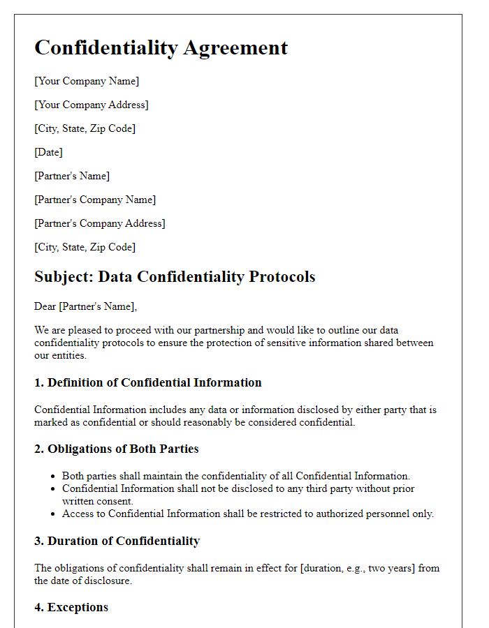 Letter template of outlining data confidentiality protocols for partners