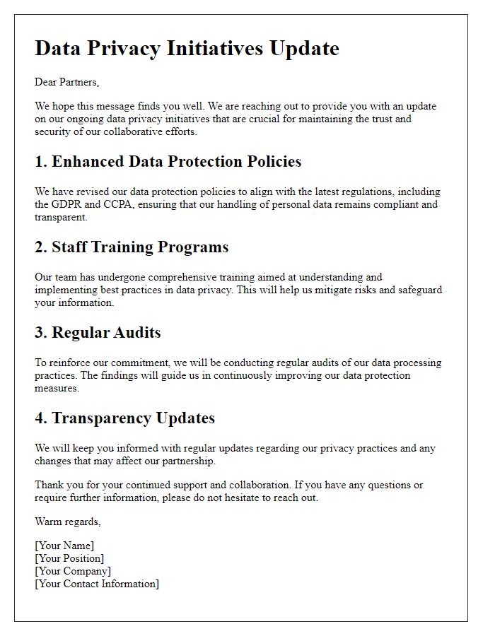 Letter template of updating partners on data privacy initiatives