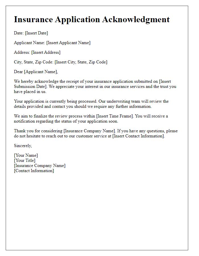 Letter template of Acknowledgment for Insurance Application