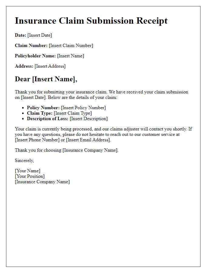 Letter template of Insurance Claim Submission Receipt