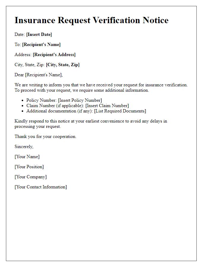 Letter template of Insurance Request Verification Notice