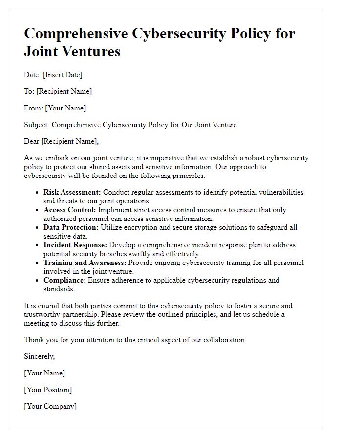 Letter template of comprehensive cybersecurity policy for joint ventures