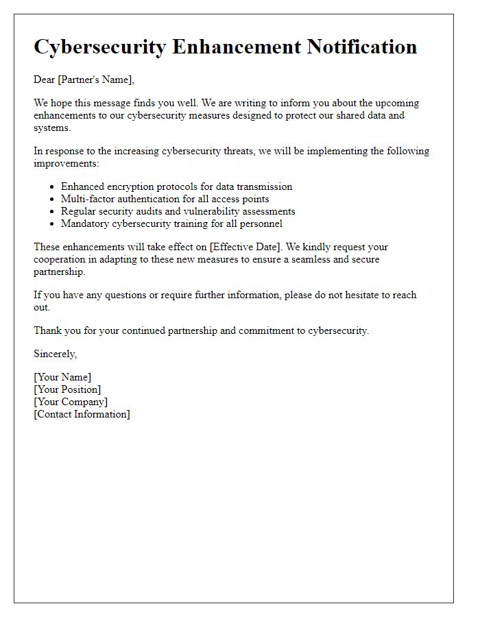 Letter template of cybersecurity enhancement notification for partners