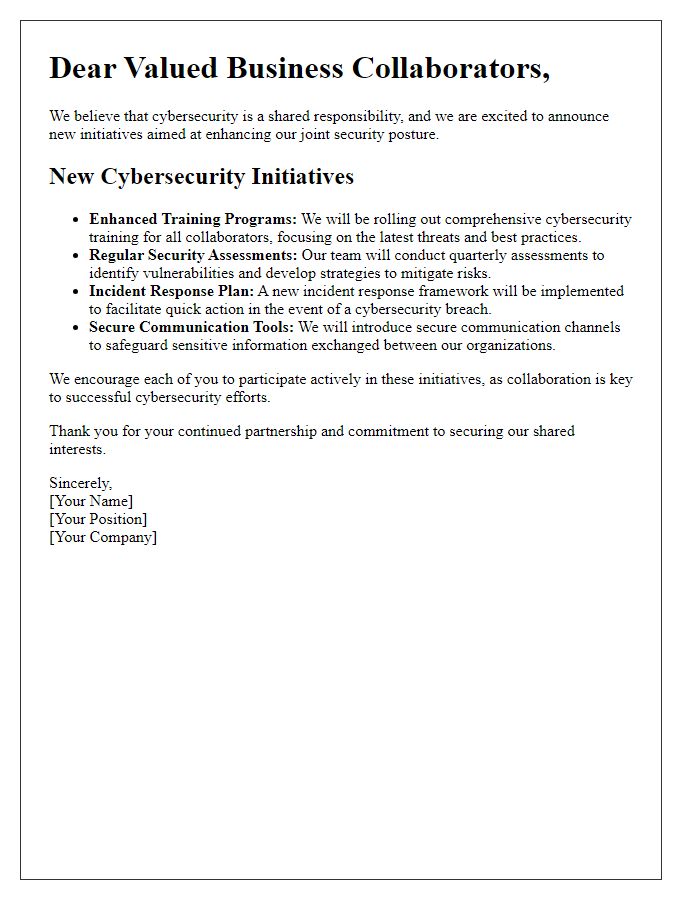 Letter template of new cybersecurity initiatives for business collaborators